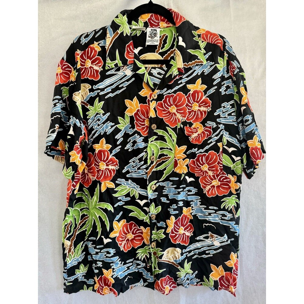 Kennington Hawaiian Shirt Vintage Mens Large Short Sleeve Button Up Black Floral